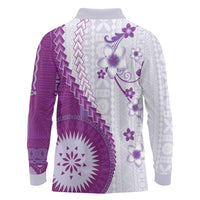 Bula Fiji Long Sleeve Polo Shirt Violet Plumeria Masi Tapa Pattern - Polynesian Pride