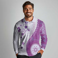 Bula Fiji Long Sleeve Polo Shirt Violet Plumeria Masi Tapa Pattern - Polynesian Pride