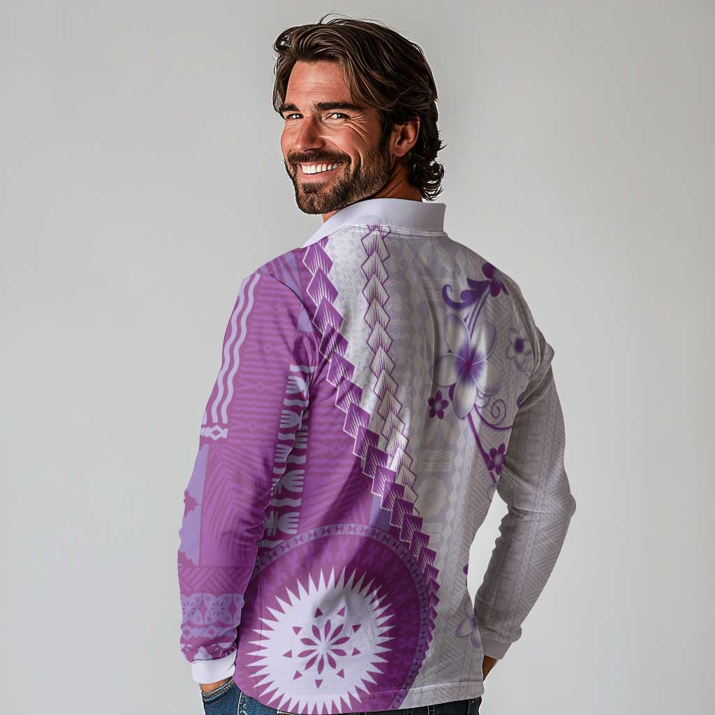 Bula Fiji Long Sleeve Polo Shirt Violet Plumeria Masi Tapa Pattern - Polynesian Pride