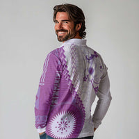 Bula Fiji Long Sleeve Polo Shirt Violet Plumeria Masi Tapa Pattern - Polynesian Pride