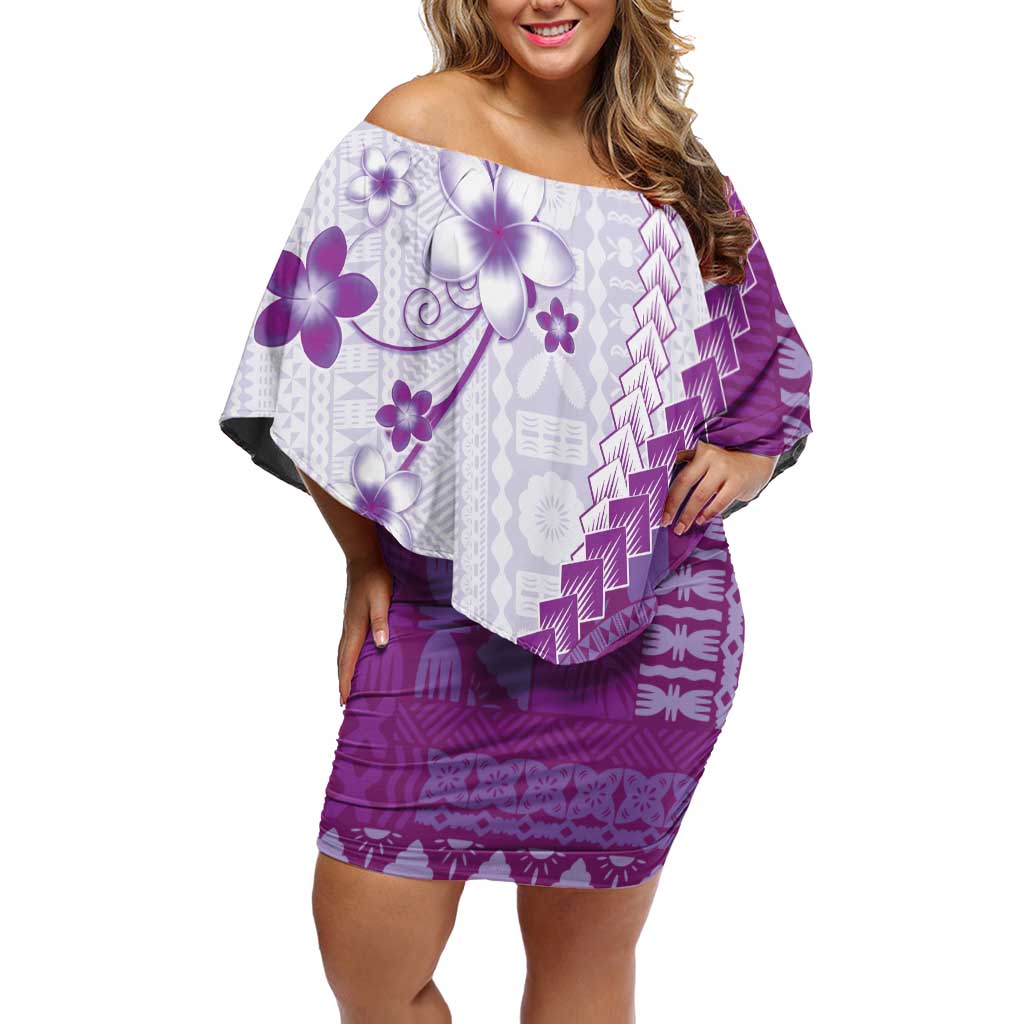 Bula Fiji Off Shoulder Short Dress Violet Plumeria Masi Tapa Pattern - Polynesian Pride