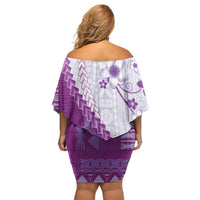 Bula Fiji Off Shoulder Short Dress Violet Plumeria Masi Tapa Pattern - Polynesian Pride