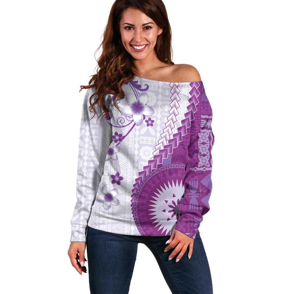 Bula Fiji Off Shoulder Sweater Violet Plumeria Masi Tapa Pattern - Polynesian Pride