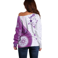 Bula Fiji Off Shoulder Sweater Violet Plumeria Masi Tapa Pattern - Polynesian Pride