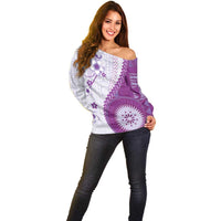 Bula Fiji Off Shoulder Sweater Violet Plumeria Masi Tapa Pattern - Polynesian Pride