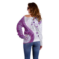 Bula Fiji Off Shoulder Sweater Violet Plumeria Masi Tapa Pattern - Polynesian Pride