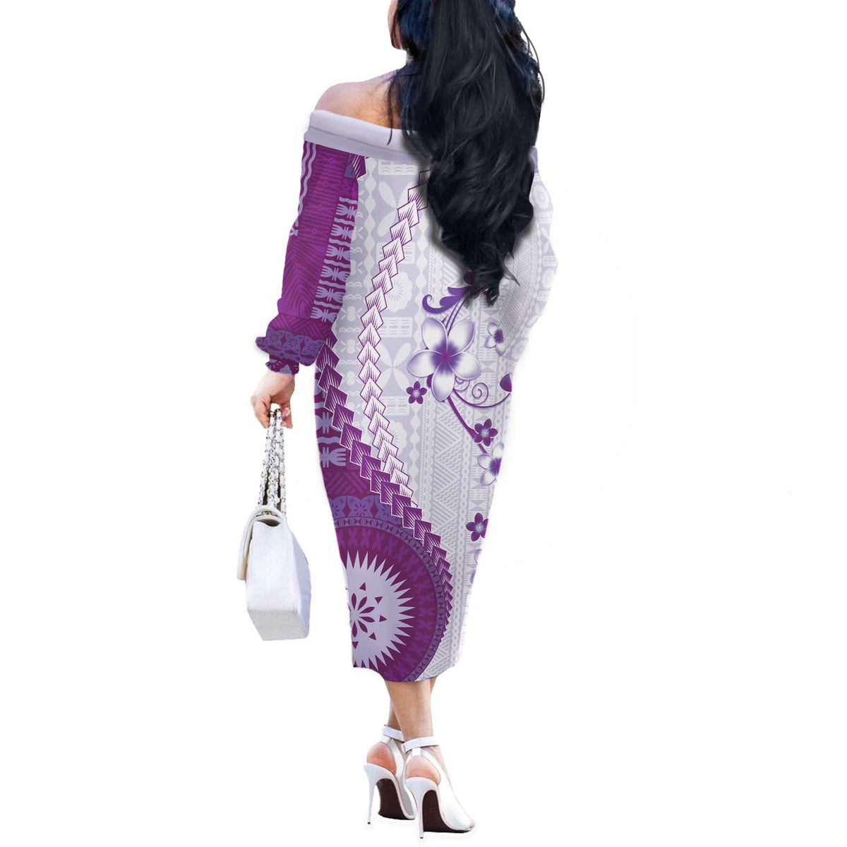 Bula Fiji Off The Shoulder Long Sleeve Dress Violet Plumeria Masi Tapa Pattern - Polynesian Pride
