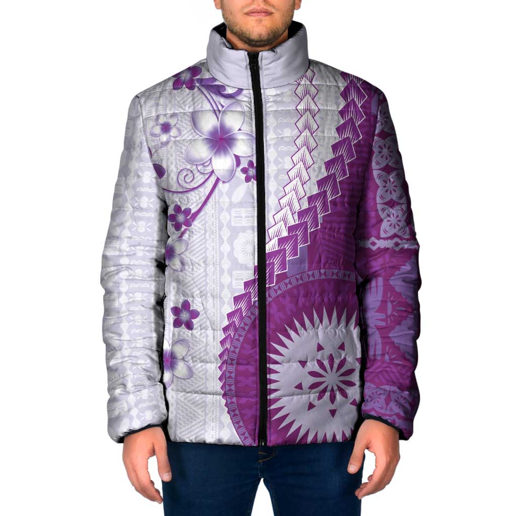 Bula Fiji Padded Jacket Violet Plumeria Masi Tapa Pattern - Polynesian Pride