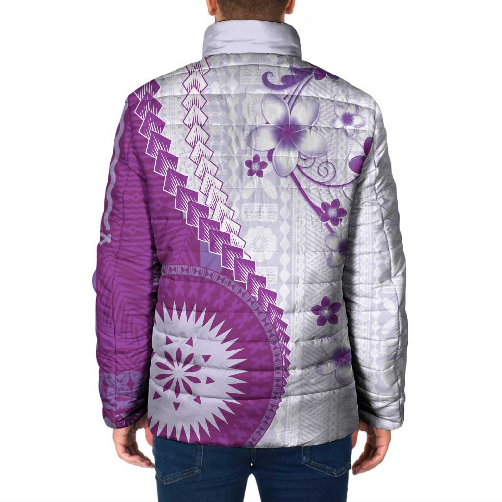Bula Fiji Padded Jacket Violet Plumeria Masi Tapa Pattern - Polynesian Pride