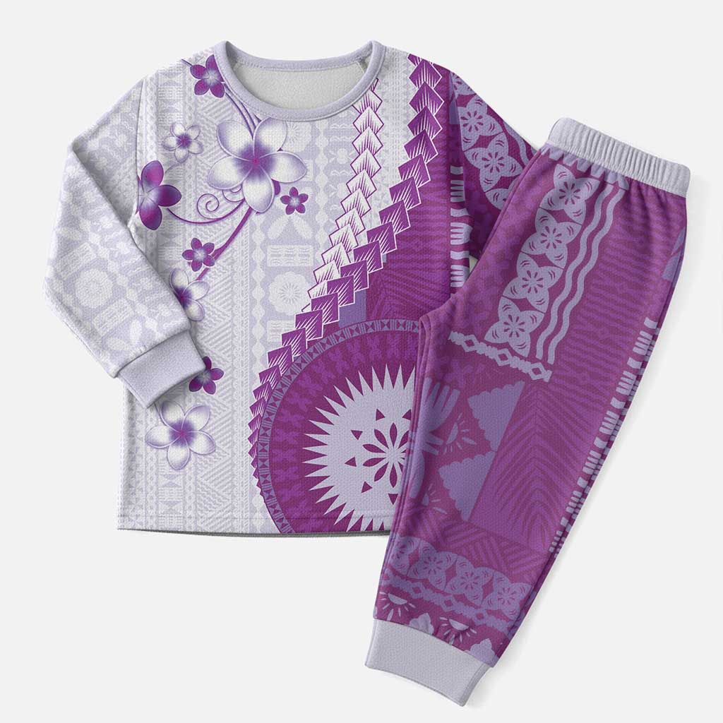 Bula Fiji Christmas Pajama Set Violet Plumeria Masi Tapa Pattern - Polynesian Pride