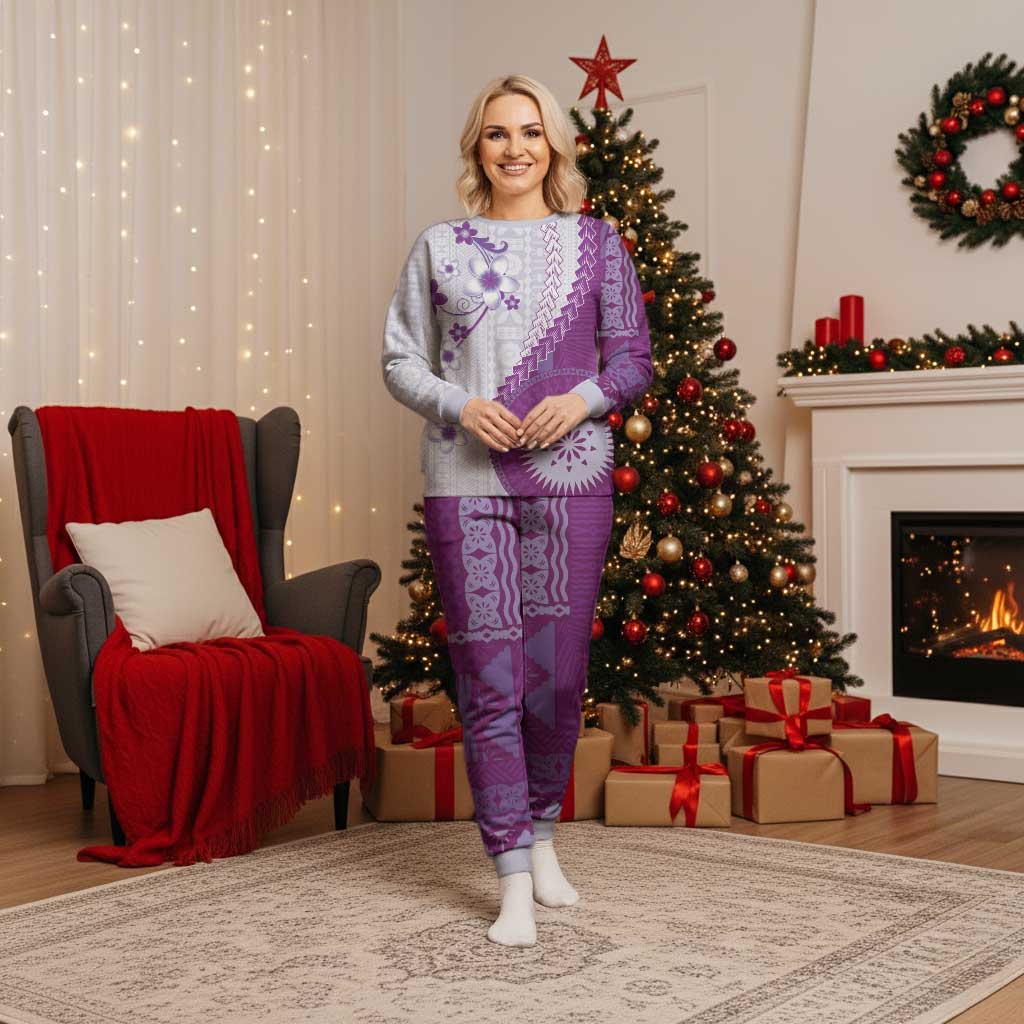 Bula Fiji Christmas Pajama Set Violet Plumeria Masi Tapa Pattern - Polynesian Pride