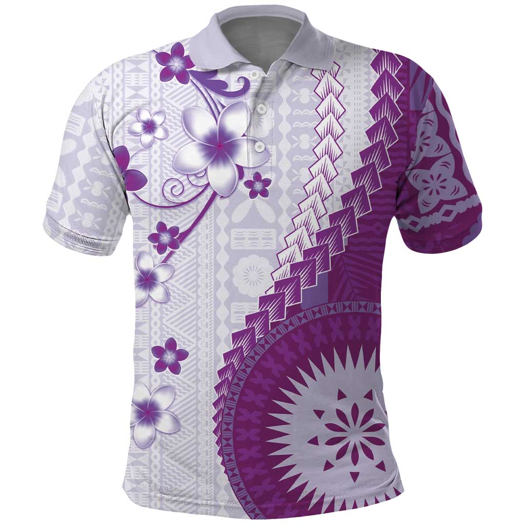 Bula Fiji Polo Shirt Violet Plumeria Masi Tapa Pattern - Polynesian Pride