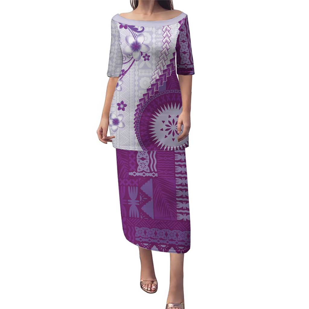 Bula Fiji Puletasi Violet Plumeria Masi Tapa Pattern - Polynesian Pride