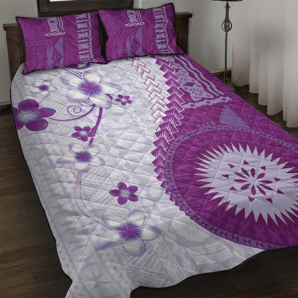 Bula Fiji Quilt Bed Set Violet Plumeria Masi Tapa Pattern - Polynesian Pride