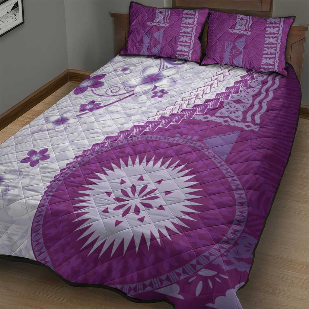 Bula Fiji Quilt Bed Set Violet Plumeria Masi Tapa Pattern - Polynesian Pride