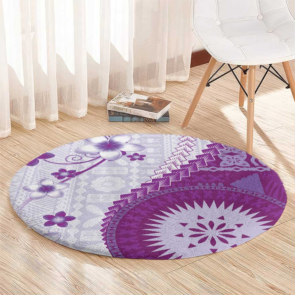Bula Fiji Round Carpet Violet Plumeria Masi Tapa Pattern - Polynesian Pride