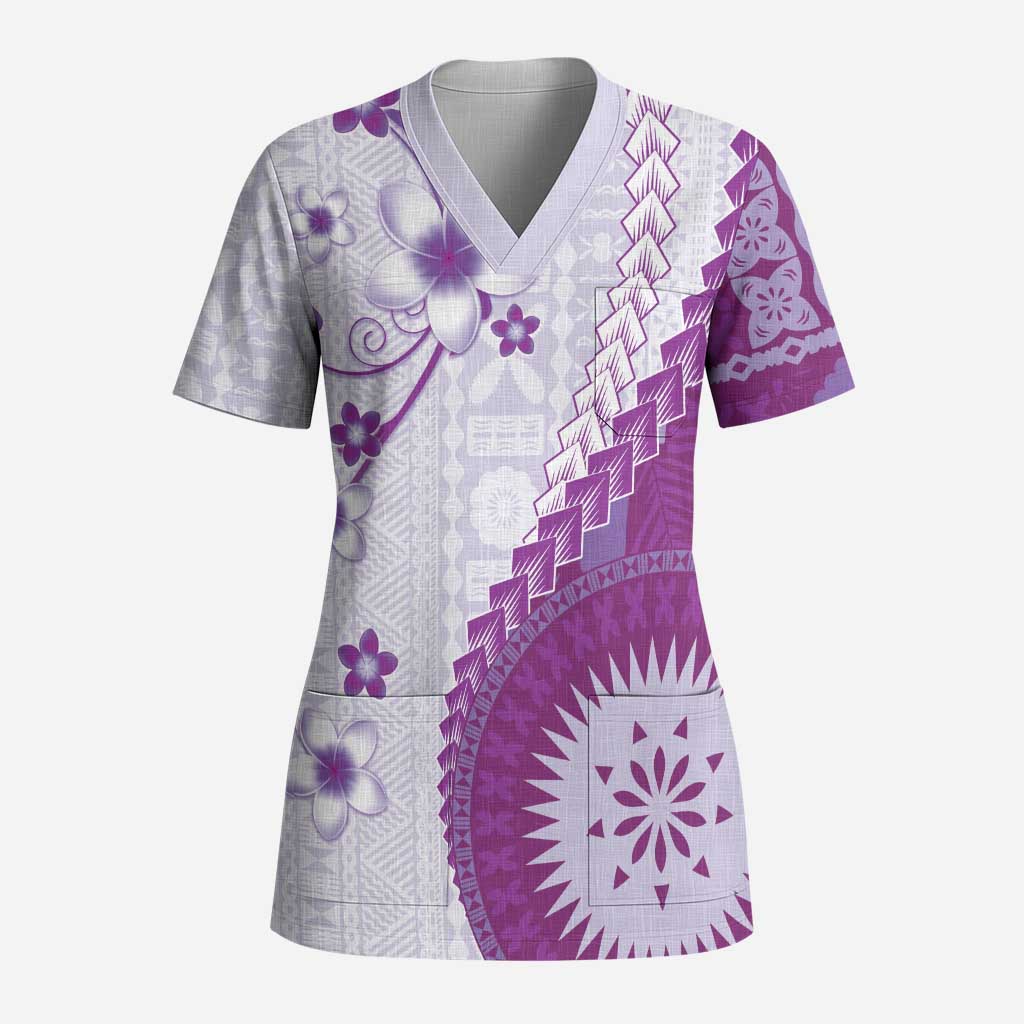 Bula Fiji Scrub Top Violet Plumeria Masi Tapa Pattern - Polynesian Pride