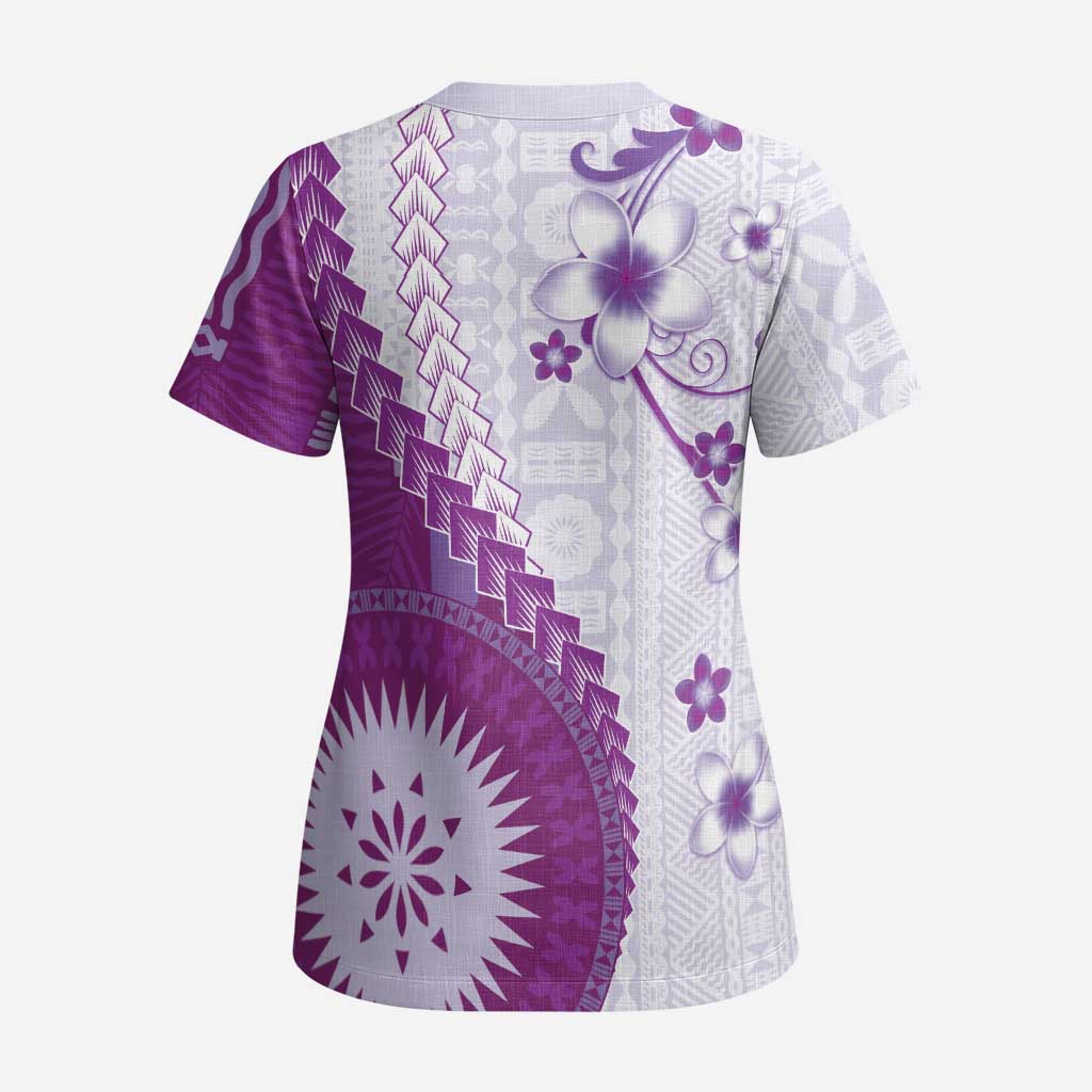 Bula Fiji Scrub Top Violet Plumeria Masi Tapa Pattern - Polynesian Pride