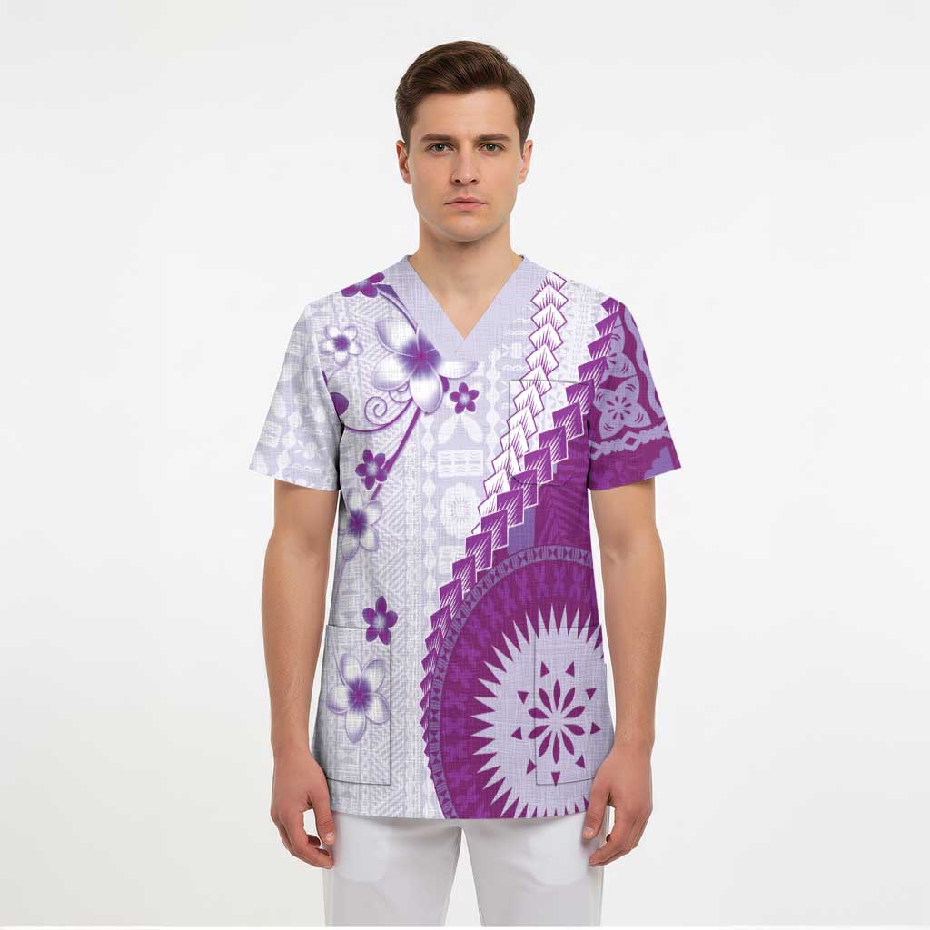 Bula Fiji Scrub Top Violet Plumeria Masi Tapa Pattern - Polynesian Pride
