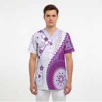Bula Fiji Scrub Top Violet Plumeria Masi Tapa Pattern - Polynesian Pride