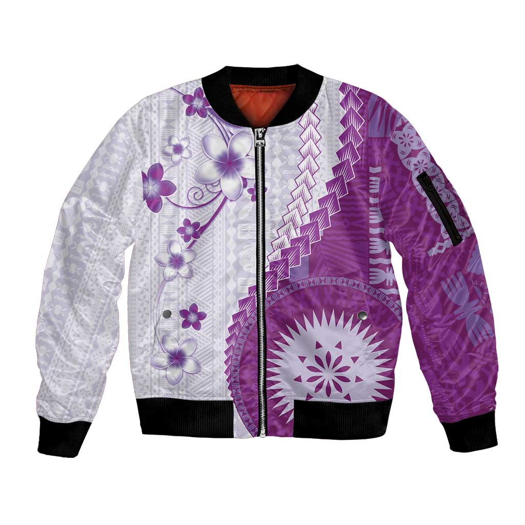 Bula Fiji Sleeve Zip Bomber Jacket Violet Plumeria Masi Tapa Pattern - Polynesian Pride