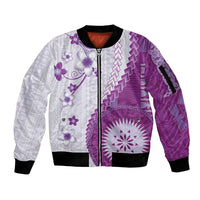 Bula Fiji Sleeve Zip Bomber Jacket Violet Plumeria Masi Tapa Pattern - Polynesian Pride