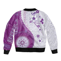 Bula Fiji Sleeve Zip Bomber Jacket Violet Plumeria Masi Tapa Pattern - Polynesian Pride