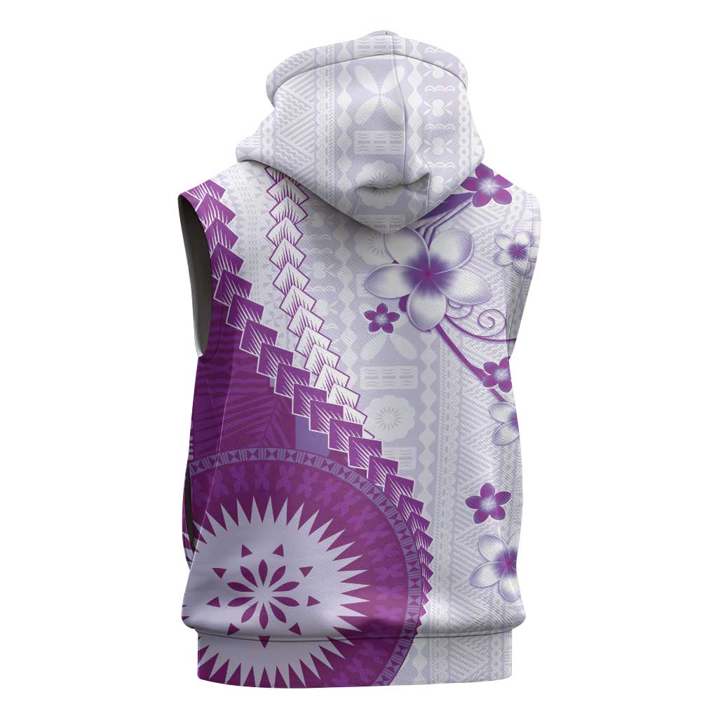 Bula Fiji Sleeveless Hoodie Violet Plumeria Masi Tapa Pattern - Polynesian Pride