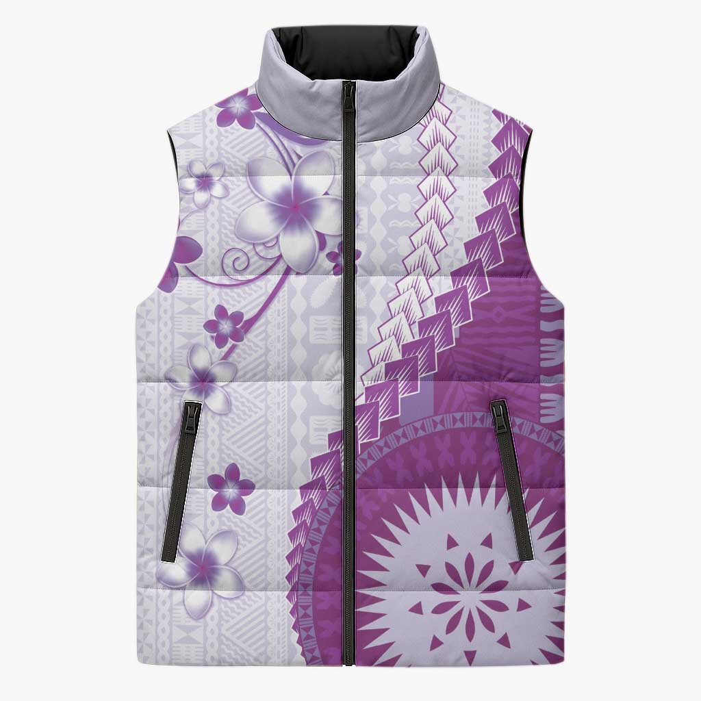 Bula Fiji Sleeveless Puffer Jacket Violet Plumeria Masi Tapa Pattern - Polynesian Pride