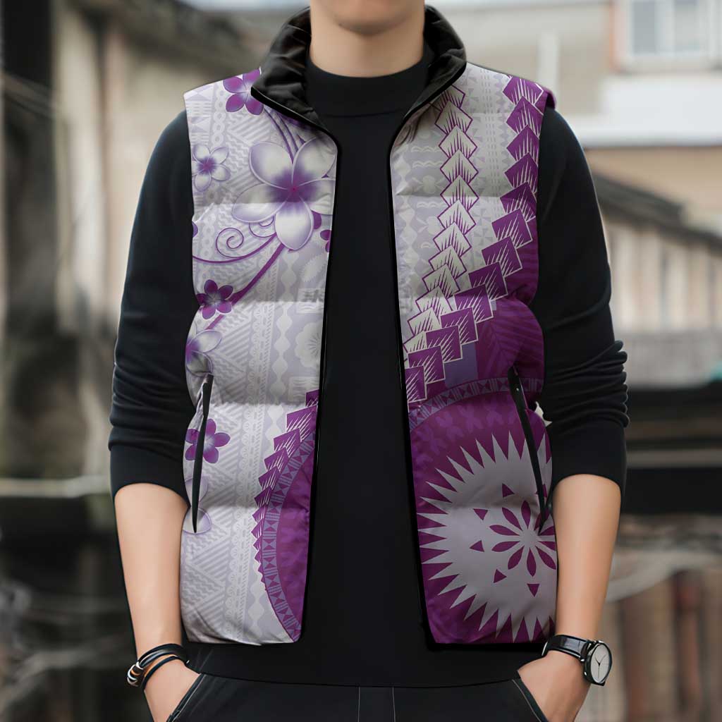 Bula Fiji Sleeveless Puffer Jacket Violet Plumeria Masi Tapa Pattern - Polynesian Pride