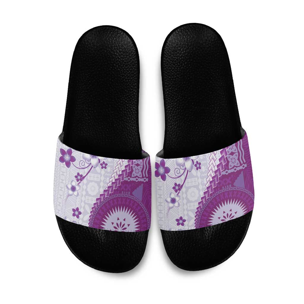 Bula Fiji Slide Sandals Violet Plumeria Masi Tapa Pattern - Polynesian Pride