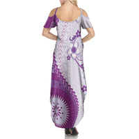 Bula Fiji Summer Maxi Dress Violet Plumeria Masi Tapa Pattern - Polynesian Pride