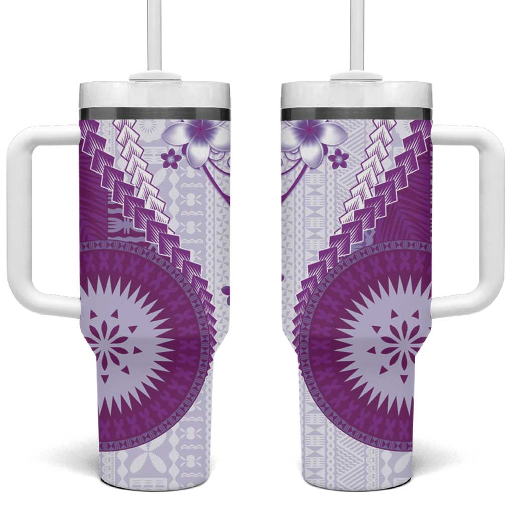 Bula Fiji Tumbler With Handle Violet Plumeria Masi Tapa Pattern - Polynesian Pride