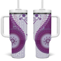 Bula Fiji Tumbler With Handle Violet Plumeria Masi Tapa Pattern - Polynesian Pride