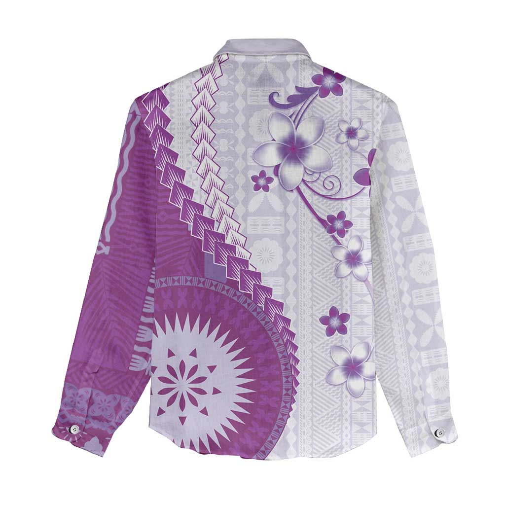 Bula Fiji Women Casual Shirt Violet Plumeria Masi Tapa Pattern - Polynesian Pride