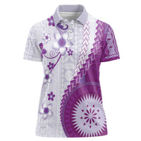 Bula Fiji Women Polo Shirt Violet Plumeria Masi Tapa Pattern - Polynesian Pride