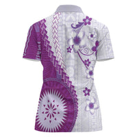 Bula Fiji Women Polo Shirt Violet Plumeria Masi Tapa Pattern - Polynesian Pride