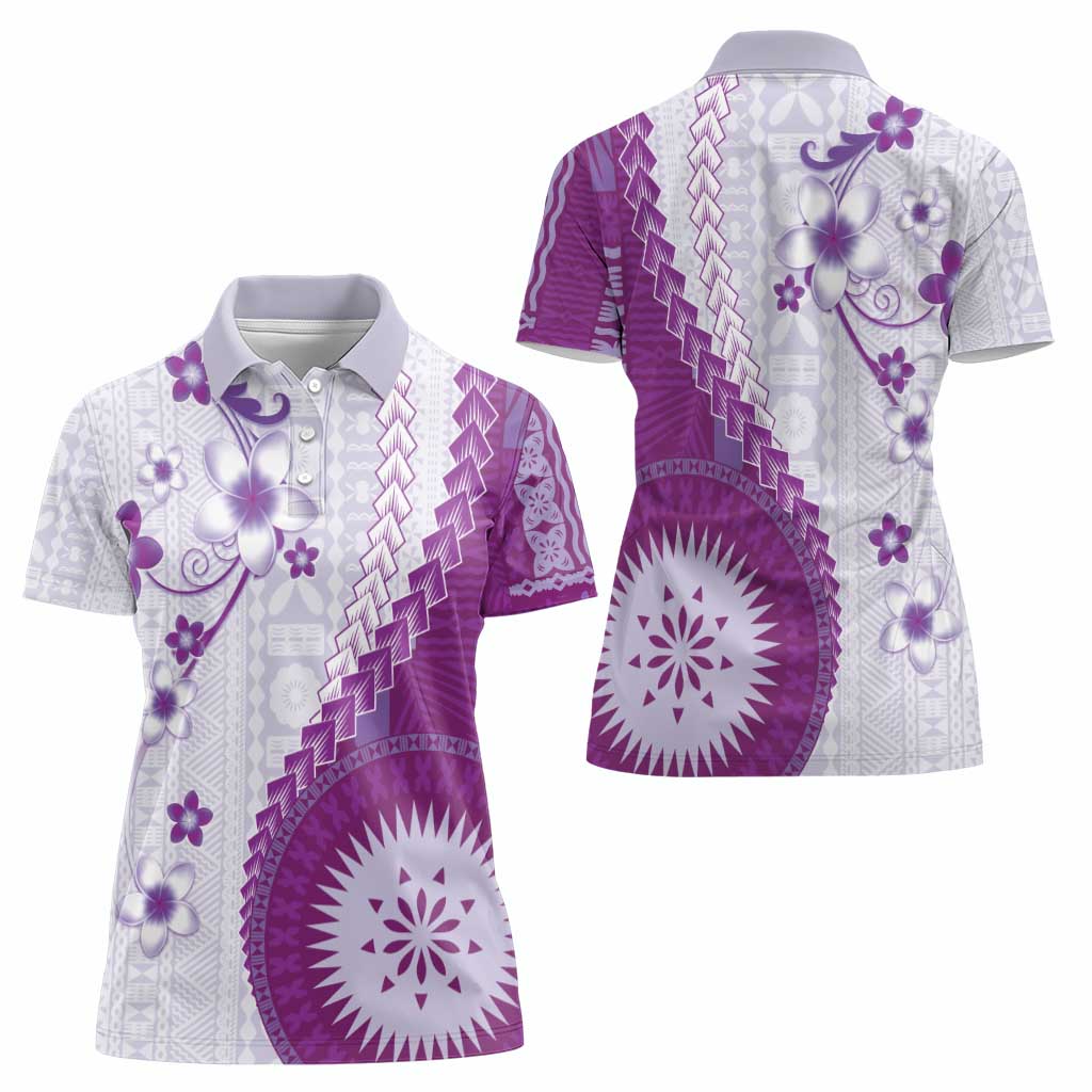 Bula Fiji Women Polo Shirt Violet Plumeria Masi Tapa Pattern - Polynesian Pride