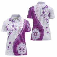 Bula Fiji Women Polo Shirt Violet Plumeria Masi Tapa Pattern - Polynesian Pride