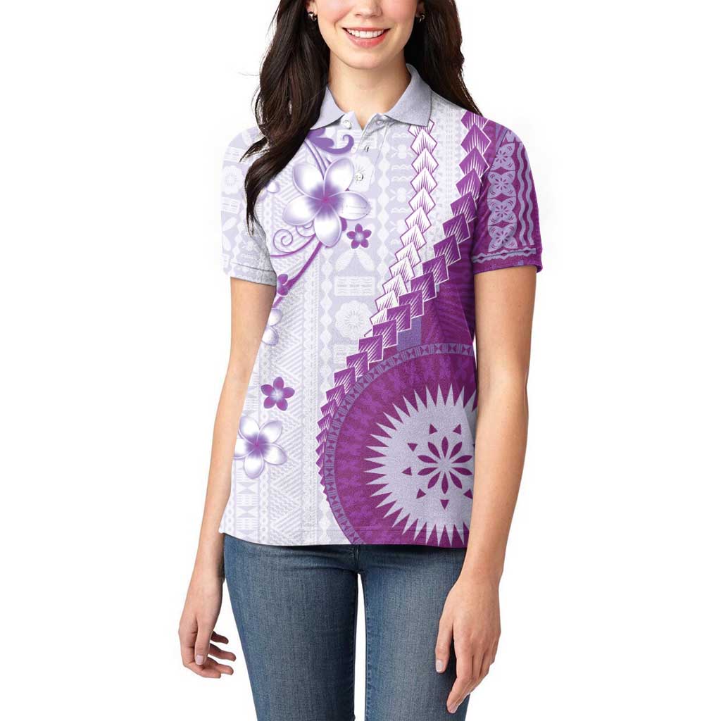 Bula Fiji Women Polo Shirt Violet Plumeria Masi Tapa Pattern - Polynesian Pride