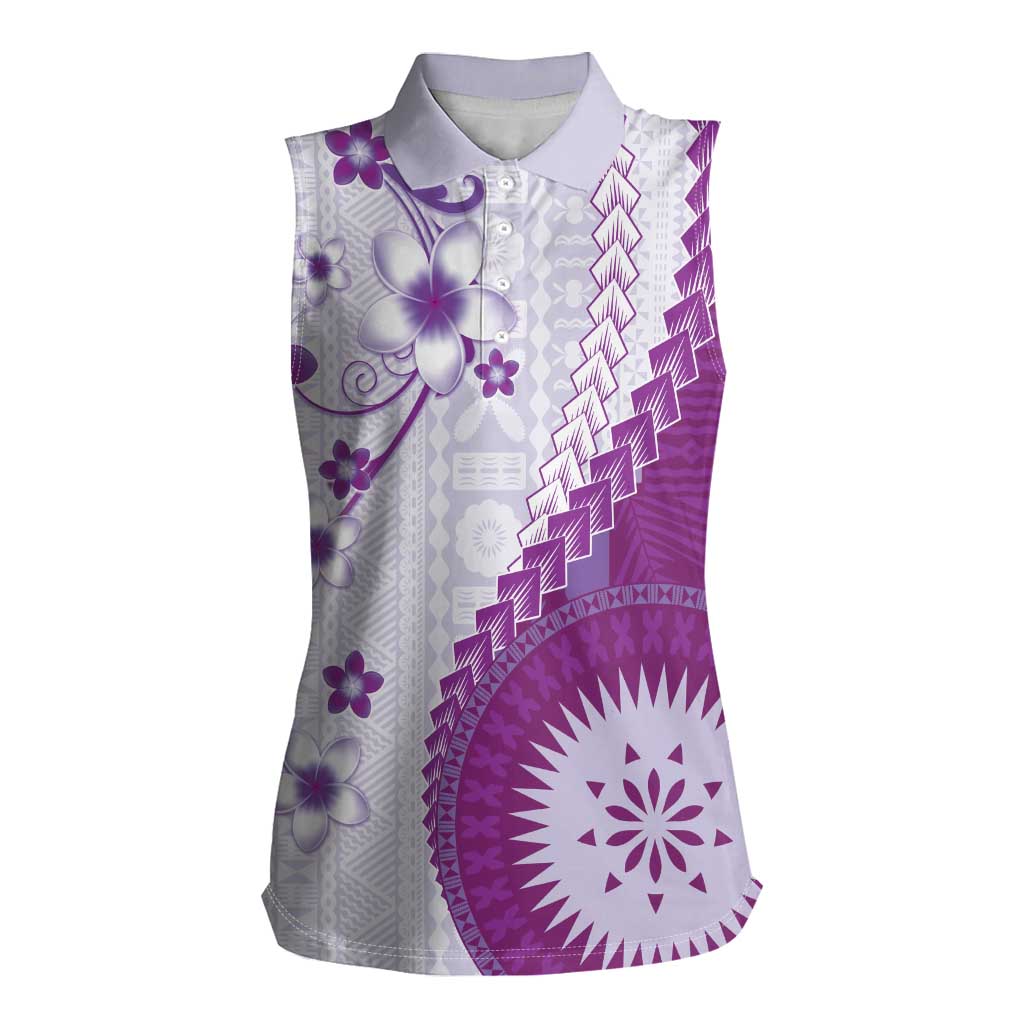 Bula Fiji Women Sleeveless Polo Shirt Violet Plumeria Masi Tapa Pattern - Polynesian Pride