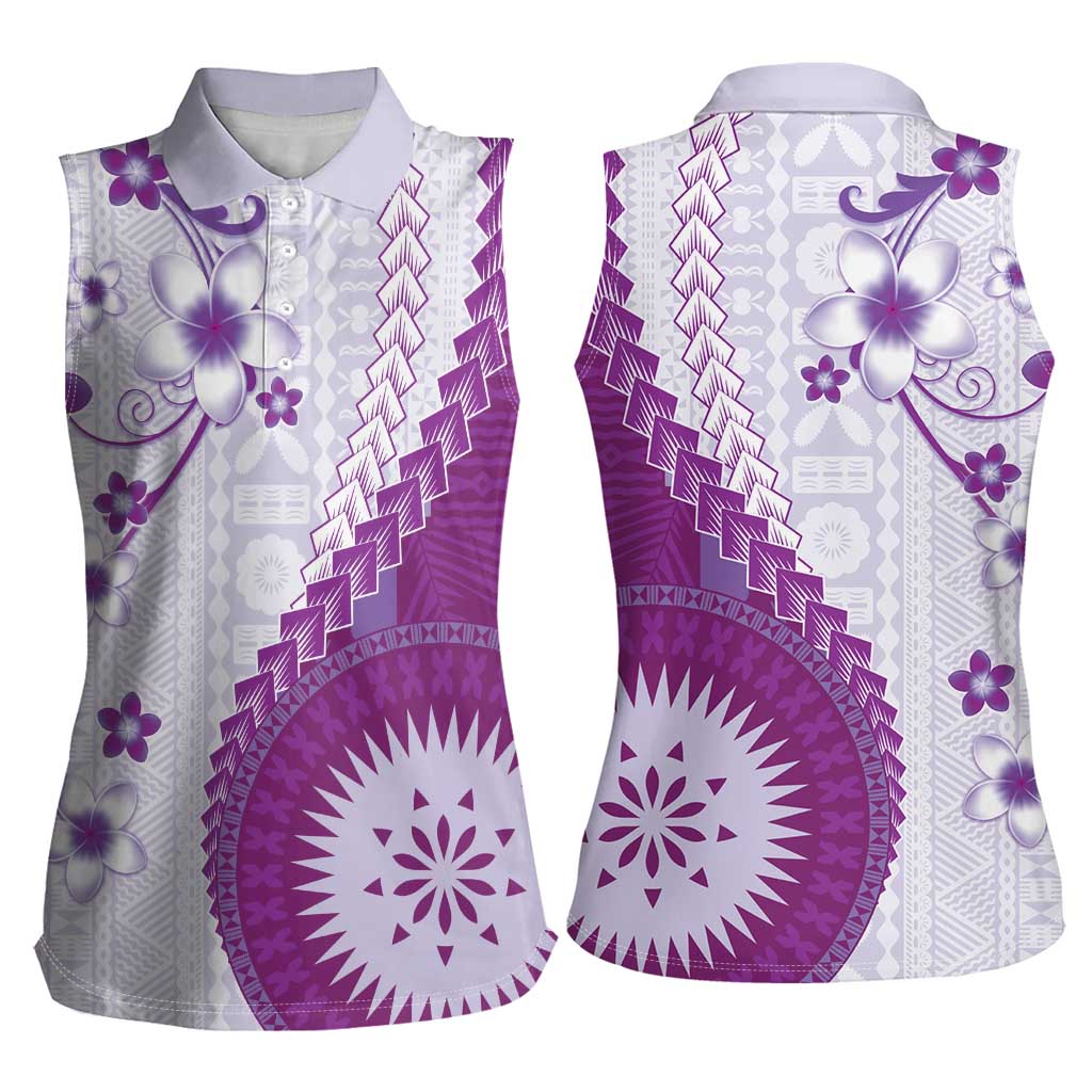 Bula Fiji Women Sleeveless Polo Shirt Violet Plumeria Masi Tapa Pattern - Polynesian Pride