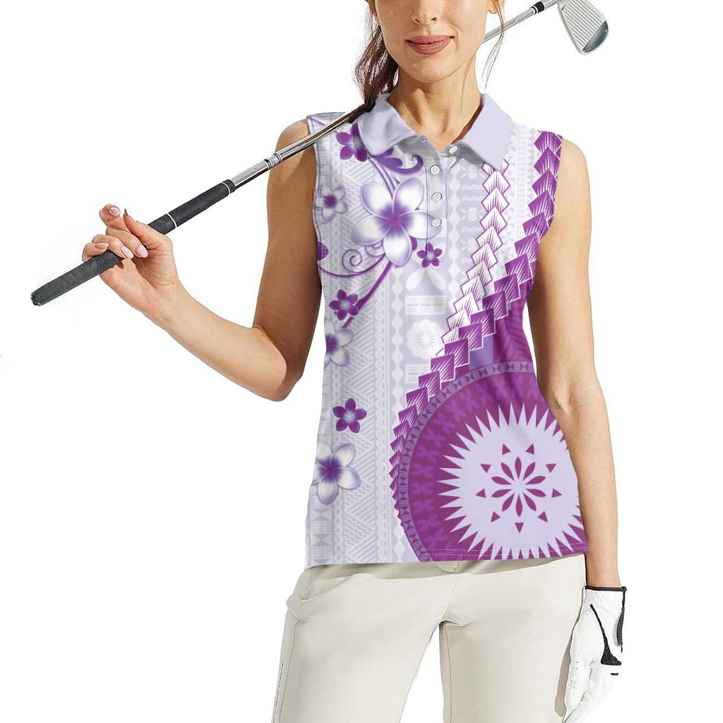 Bula Fiji Women Sleeveless Polo Shirt Violet Plumeria Masi Tapa Pattern - Polynesian Pride