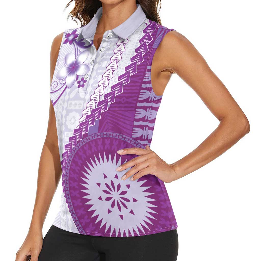 Bula Fiji Women Sleeveless Polo Shirt Violet Plumeria Masi Tapa Pattern - Polynesian Pride