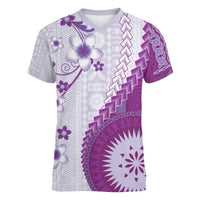 Bula Fiji Women V-Neck T-Shirt Violet Plumeria Masi Tapa Pattern - Polynesian Pride