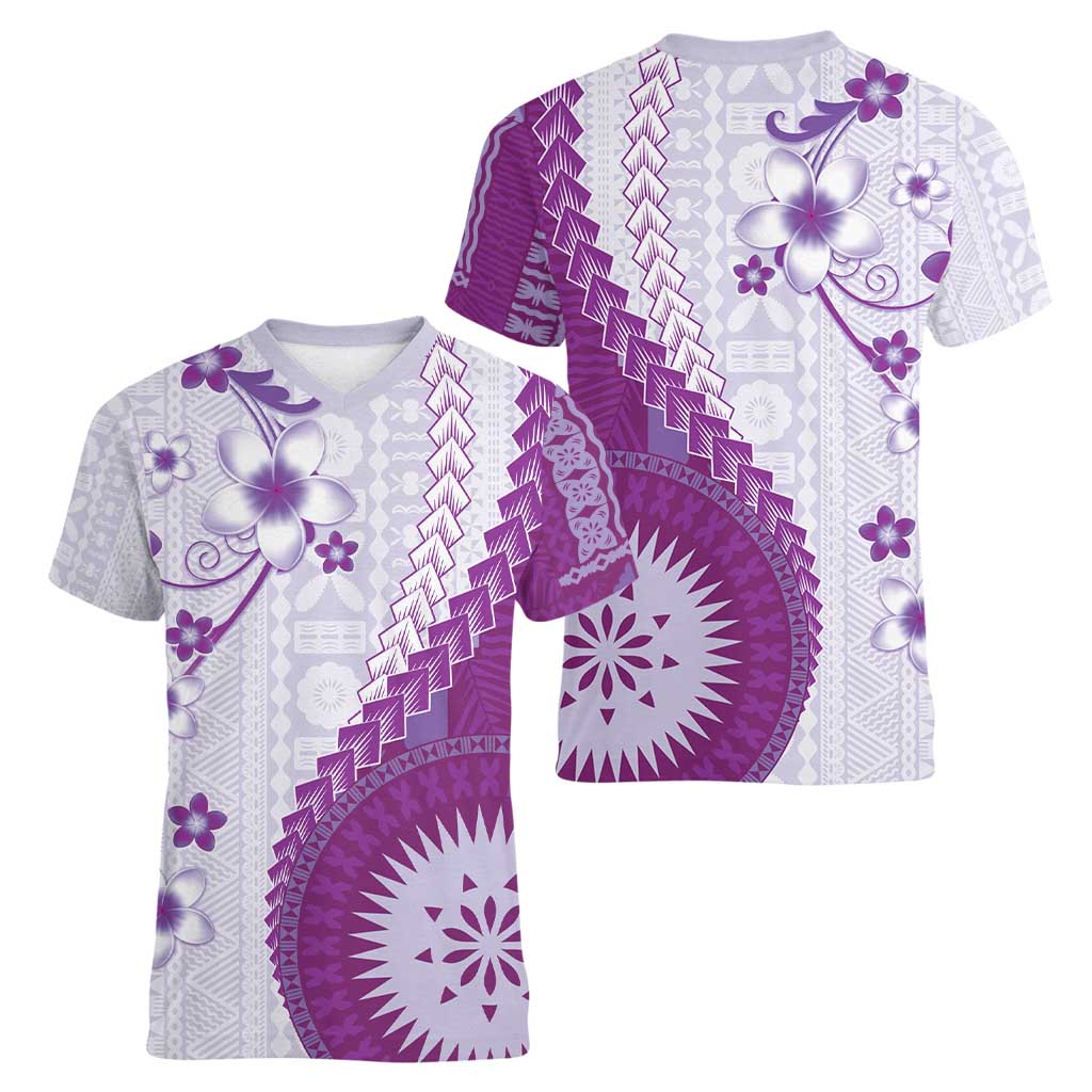 Bula Fiji Women V-Neck T-Shirt Violet Plumeria Masi Tapa Pattern - Polynesian Pride