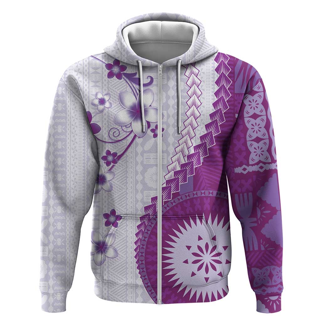 Bula Fiji Zip Hoodie Violet Plumeria Masi Tapa Pattern - Polynesian Pride