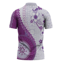 Bula Fiji Zipper Polo Shirt Violet Plumeria Masi Tapa Pattern - Polynesian Pride