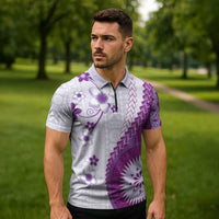 Bula Fiji Zipper Polo Shirt Violet Plumeria Masi Tapa Pattern - Polynesian Pride