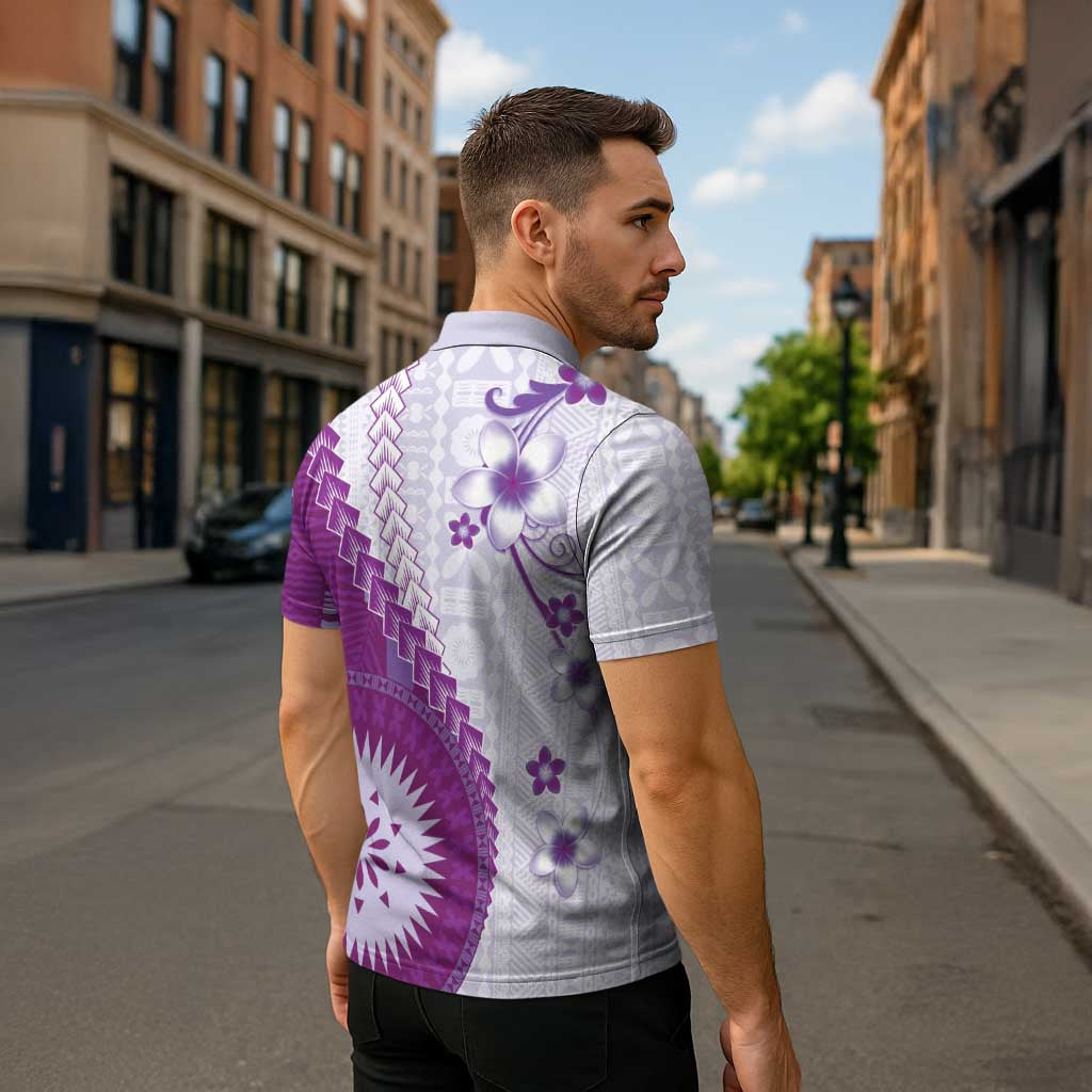 Bula Fiji Zipper Polo Shirt Violet Plumeria Masi Tapa Pattern - Polynesian Pride